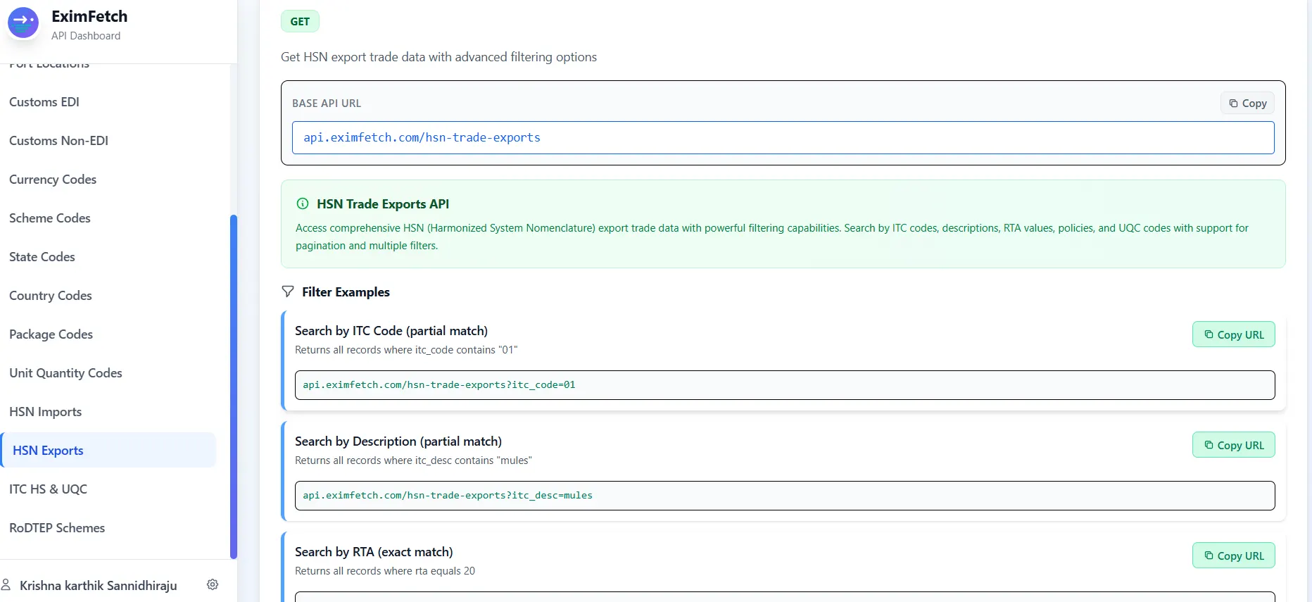 EximFetch trade data API platform dashboard